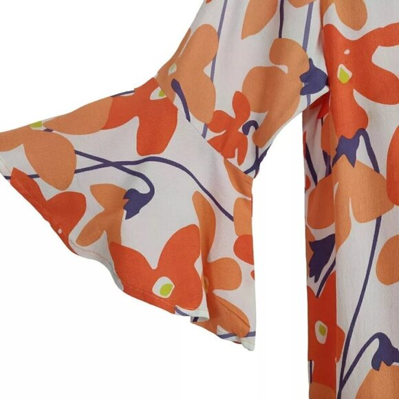 Mister Zimi Peggy Dress Size 8 Orange Floral Viscose Bell Sleeves Mod Summer - Picture 3 of 9